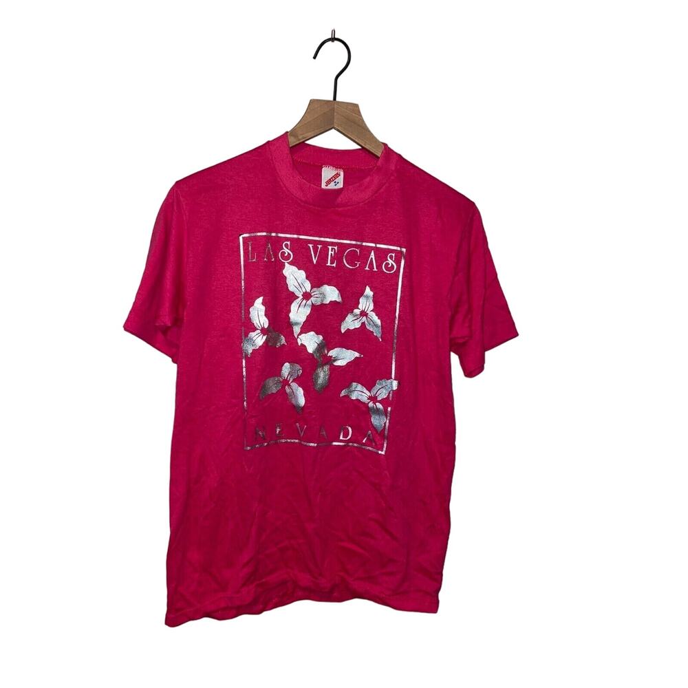 Vintage Las Vegas Shirt Lake Tahoe Ski Test Print Pink Tee 80s VTG M Medium
